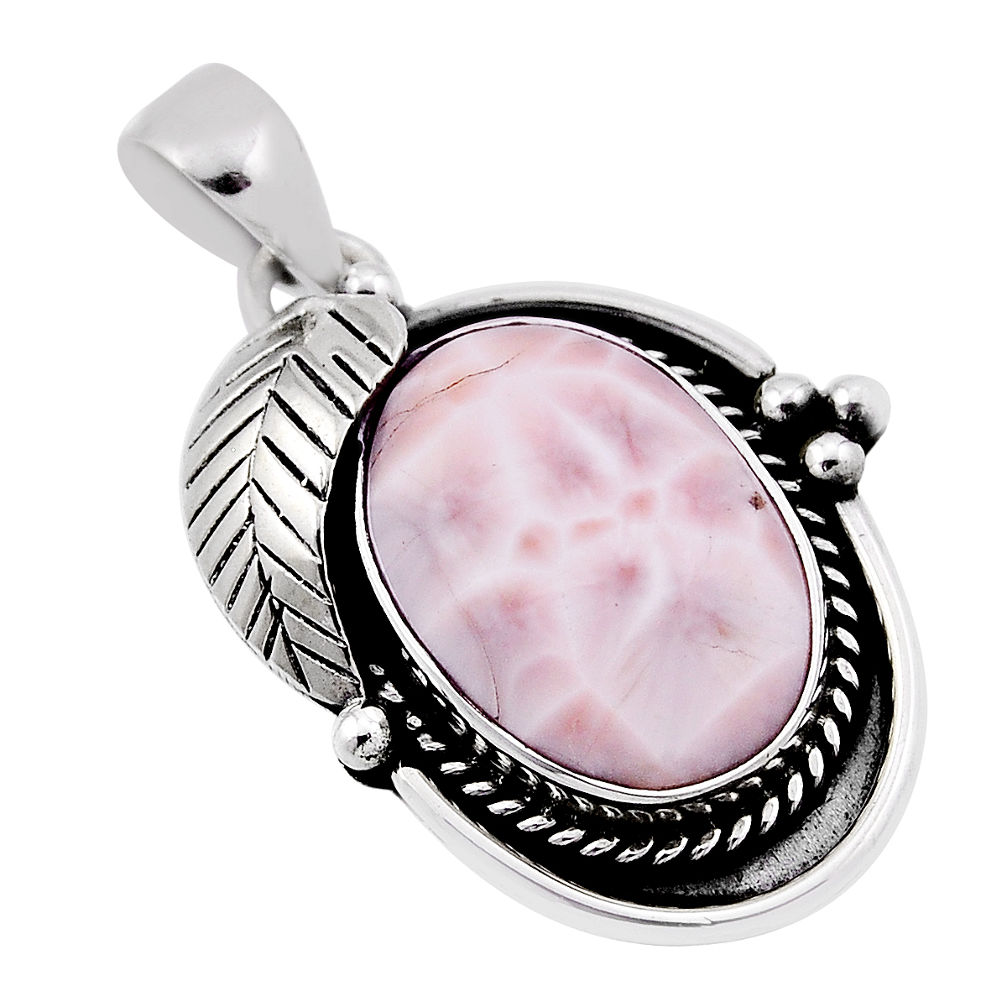 11.25cts leaf natural pink natrolite 925 sterling silver pendant jewelry n33159