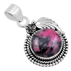 14.45cts leaf natural pink rhodonite in black manganese silver pendant n35087