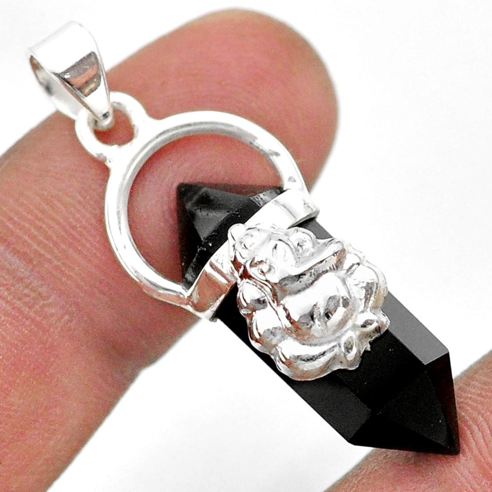 13.16cts lord ganesha double pointer natural black onyx silver pendant t44395