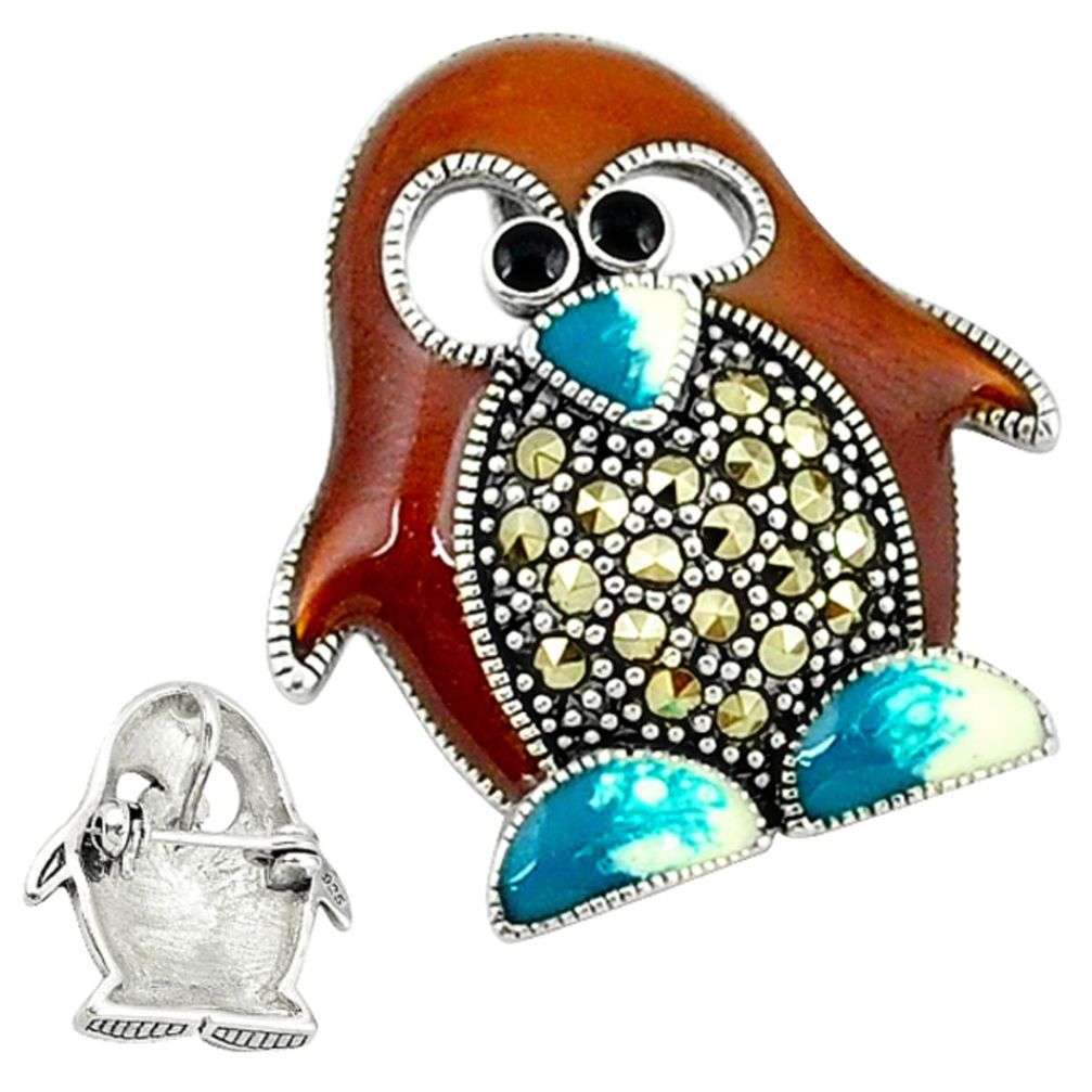 Marcasite enamel 925 sterling silver penguin charm brooch pendant jewelry c18881