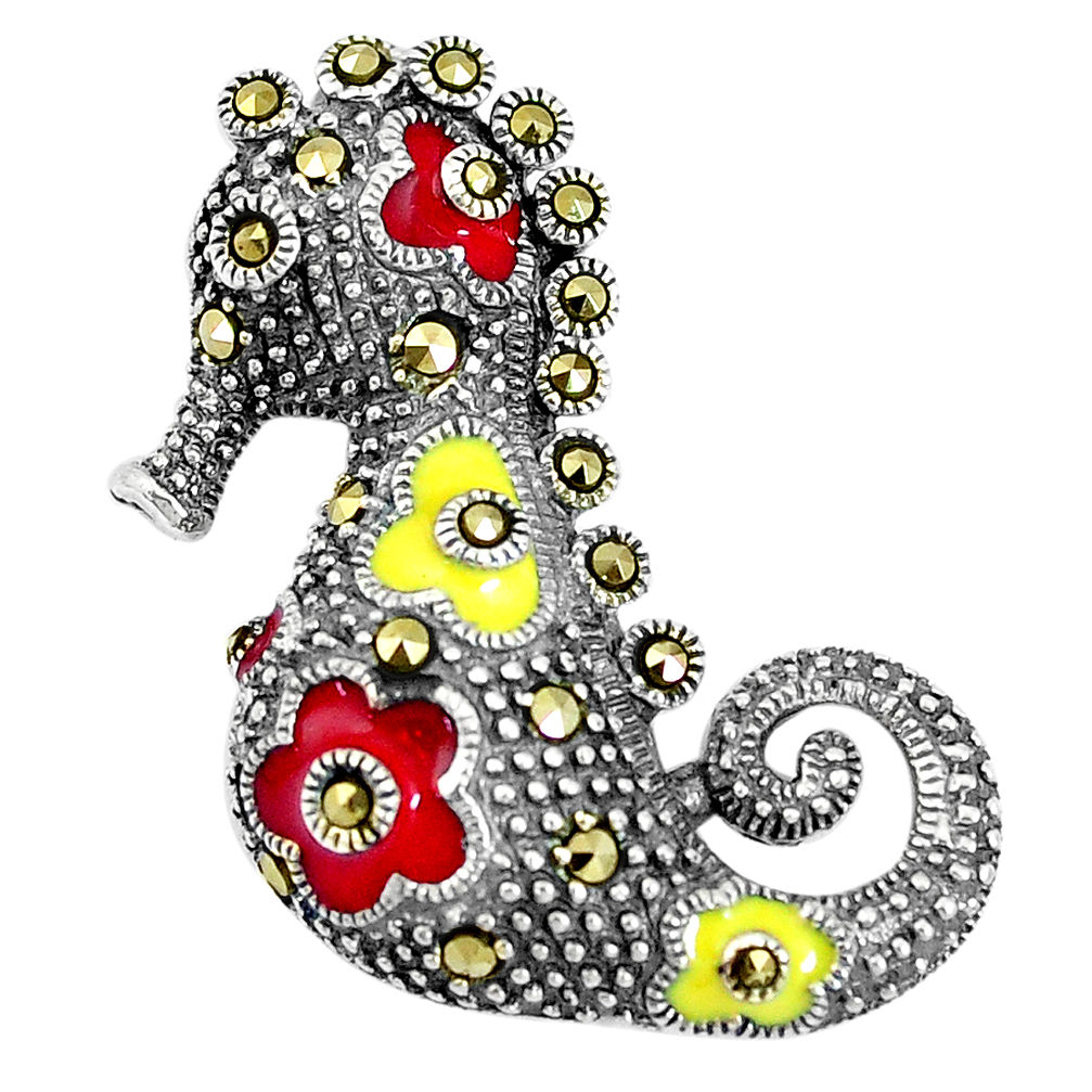 7.26gms marcasite enamel 925 sterling silver seahorse pendant jewelry c15807