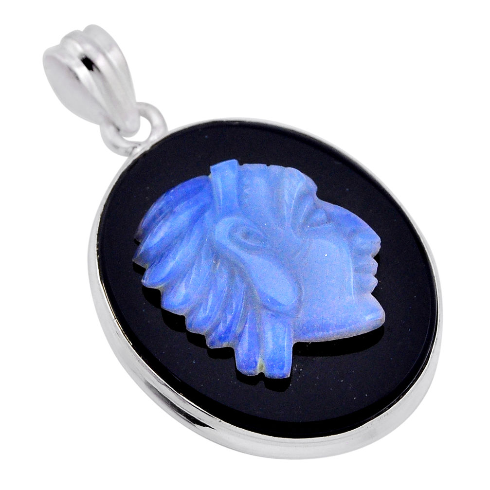 25.03cts men face natural black opal cameo on black onyx silver pendant n45682