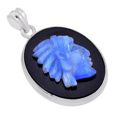 22.05cts men face natural black opal cameo on black onyx silver pendant n45683