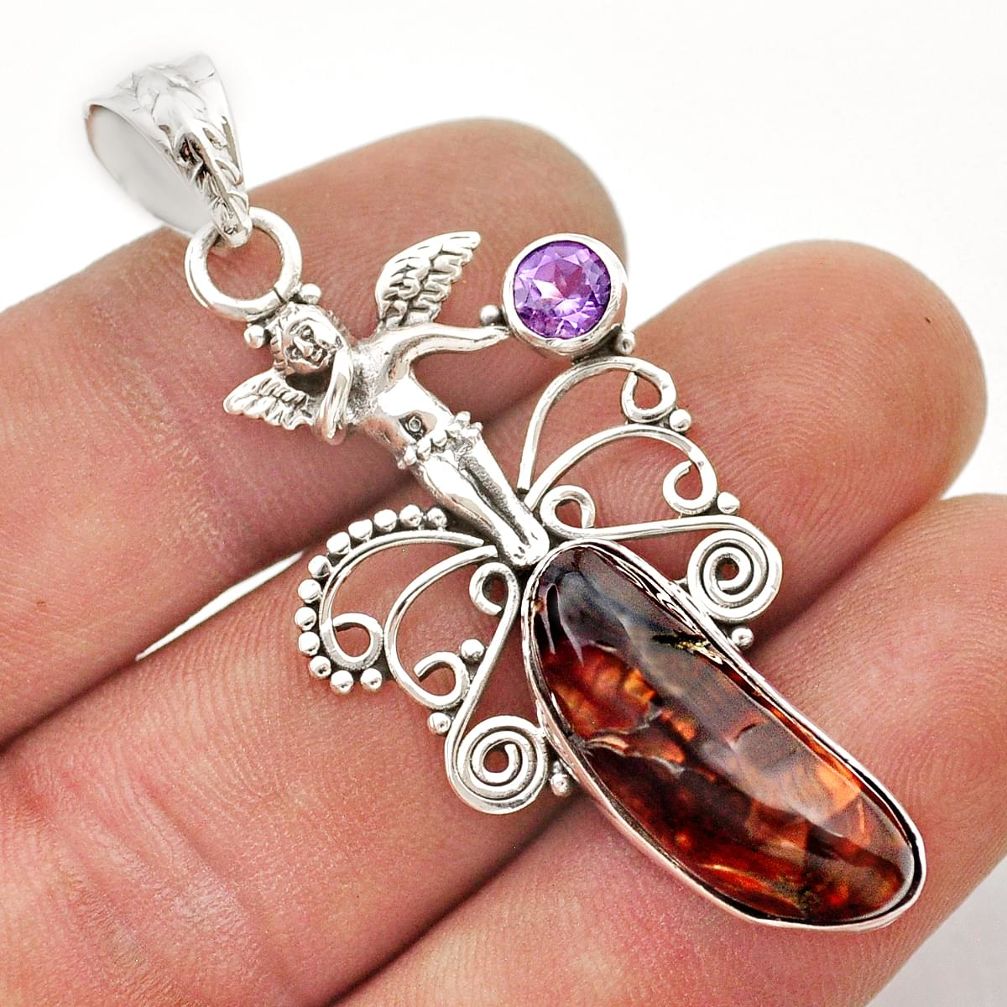 13.41cts mexican fire agate amethyst silver angel wings fairy pendant d48317