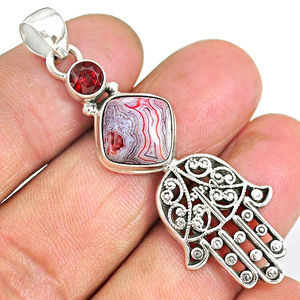 6.48cts mexican laguna lace agate 925 silver hand of god hamsa pendant r90390