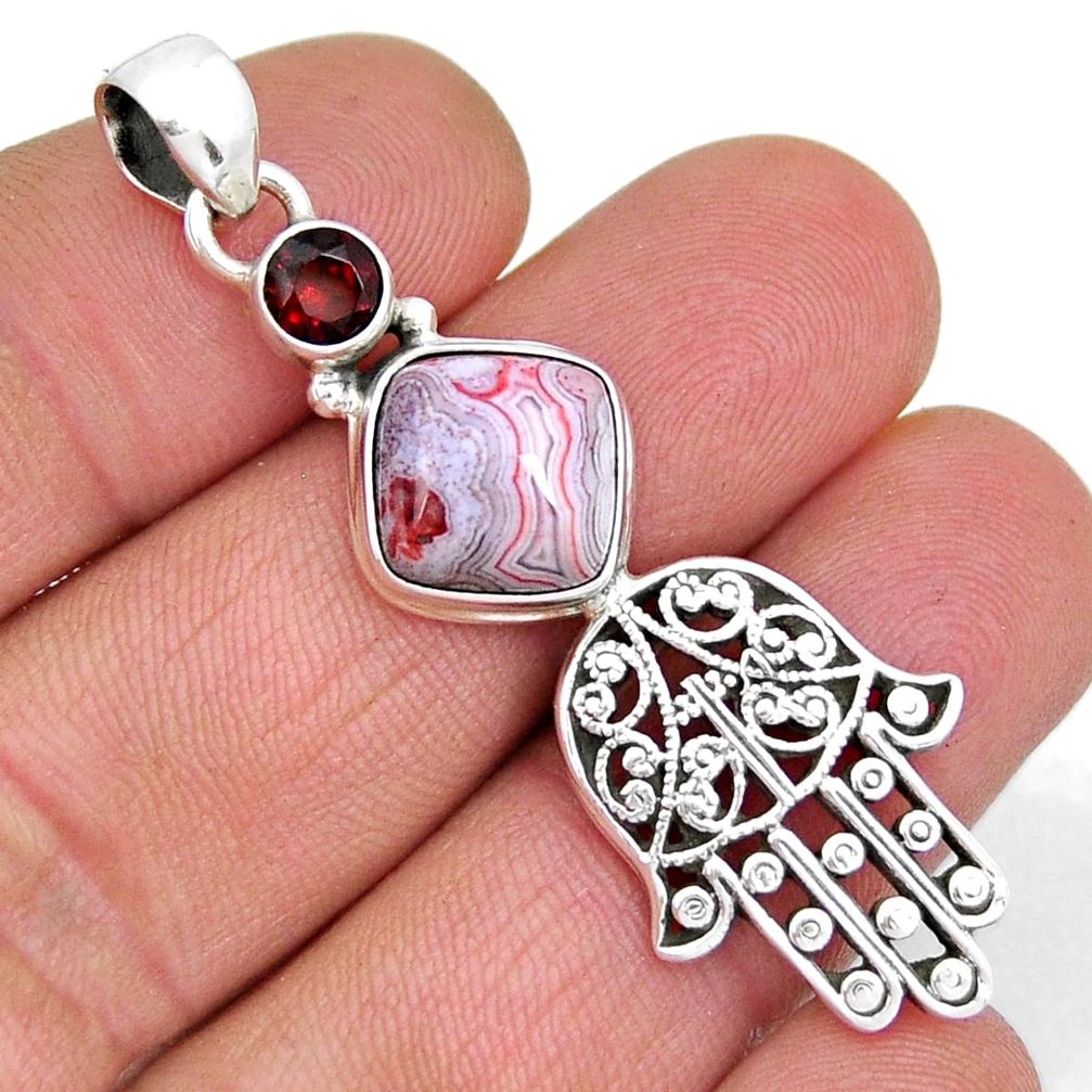 6.15cts mexican laguna lace agate garnet silver hand of god hamsa pendant y7159