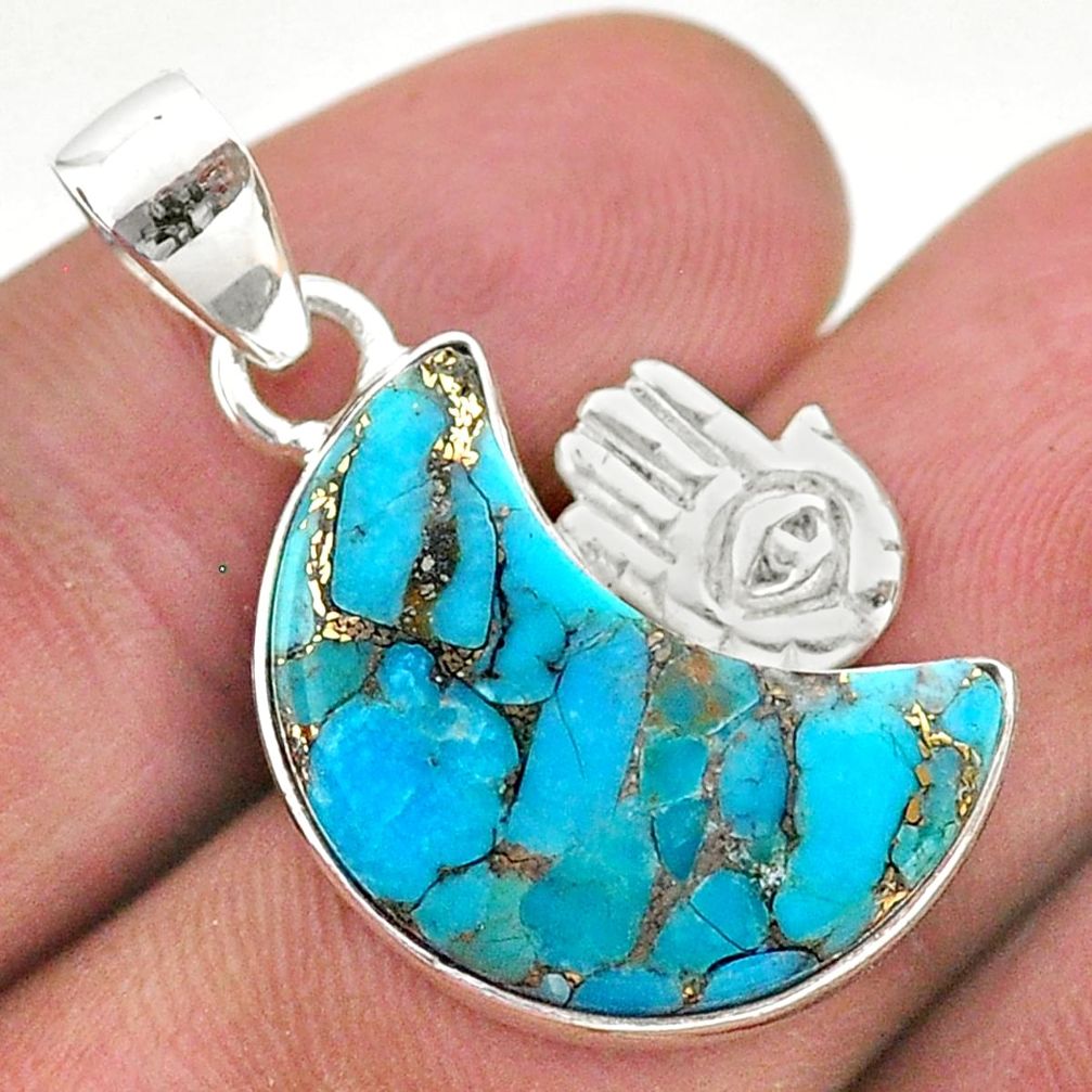 12.06cts moon copper turquoise 925 silver hand of god hamsa pendant t46549