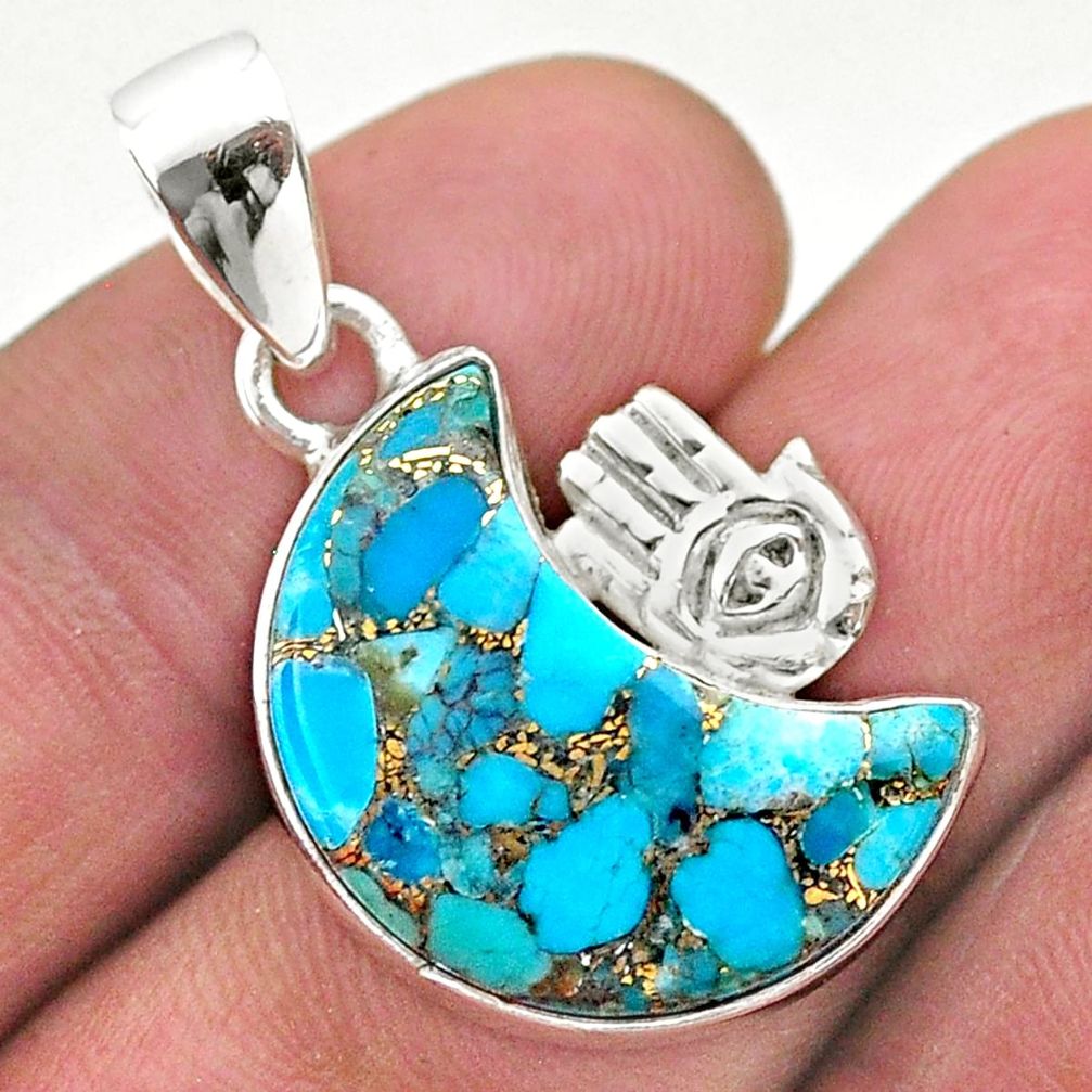 12.03cts moon copper turquoise 925 silver hand of god hamsa pendant t46550