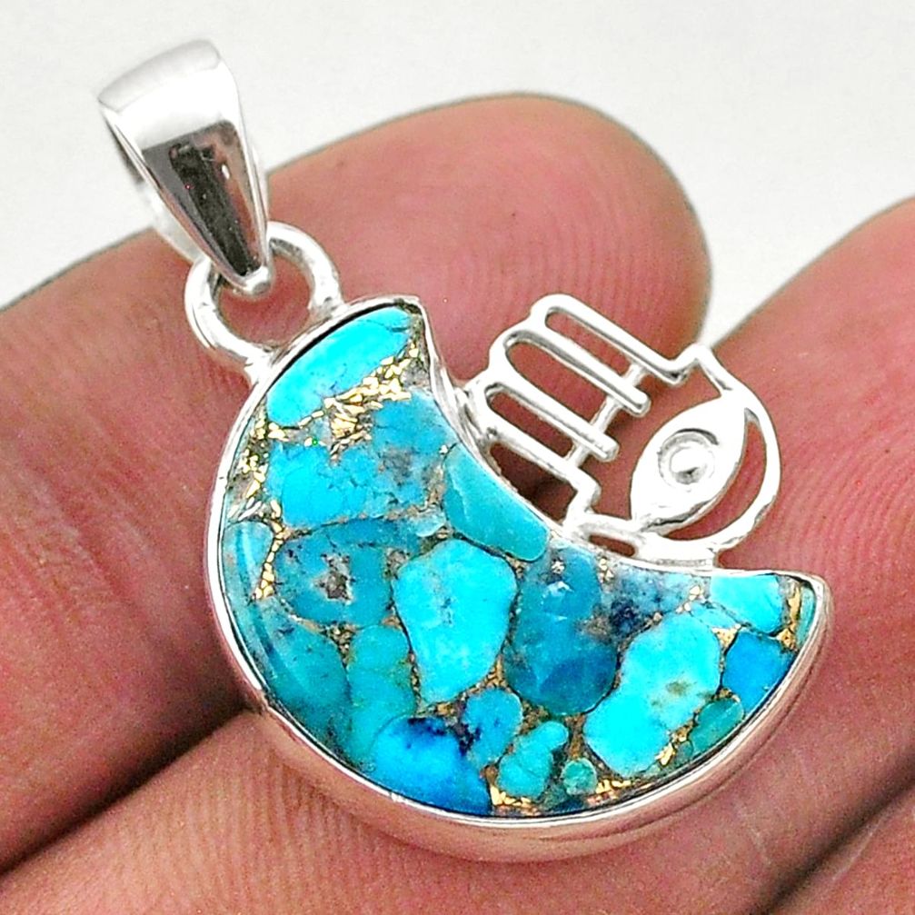 9.88cts moon copper turquoise 925 silver hand of god hamsa pendant t46553