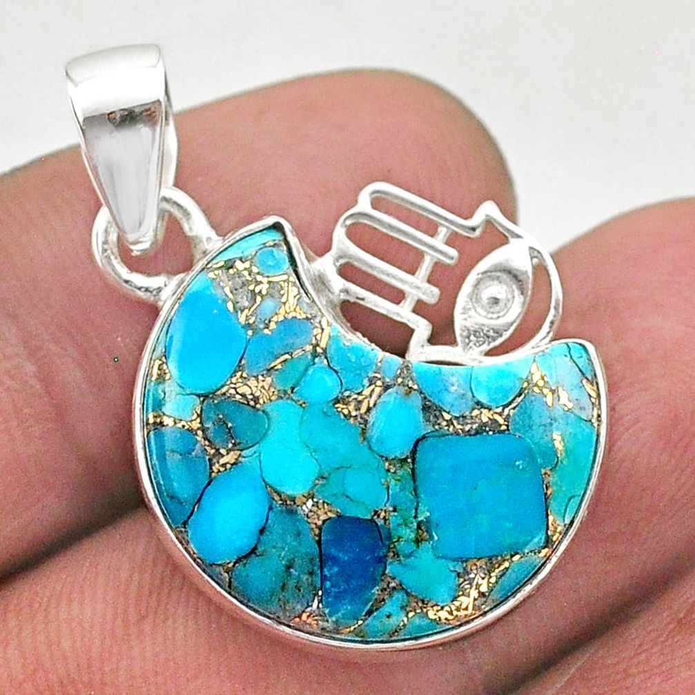 11.57cts moon copper turquoise 925 silver hand of god hamsa pendant t46563