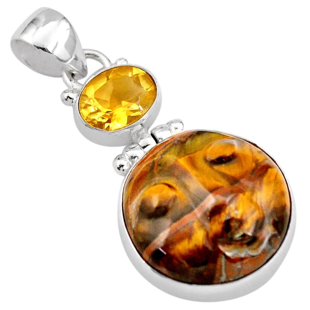 18.95cts moon face natural carving tiger's eye citrine 925 silver pendant t90406