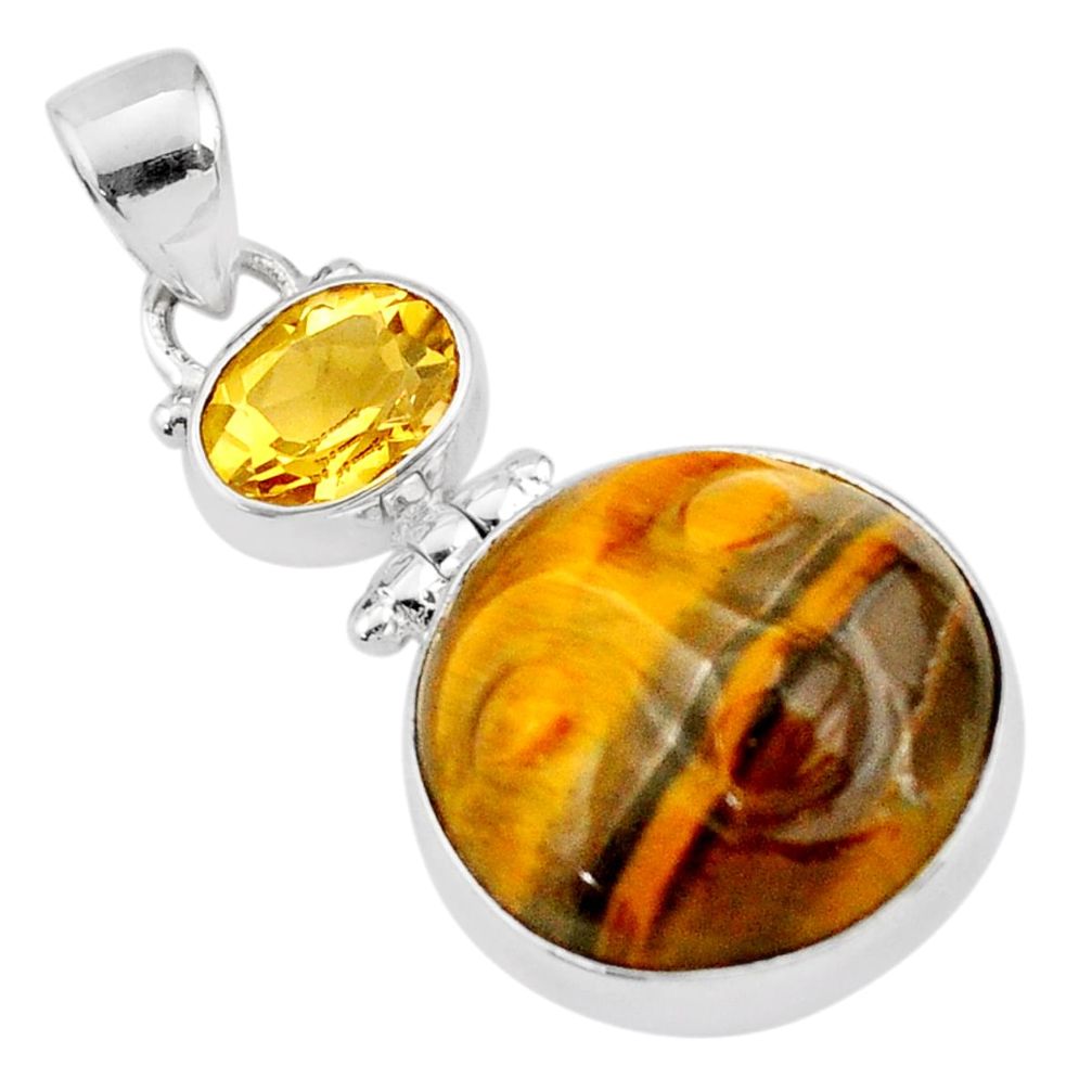 19.45cts moon face natural carving tiger's eye citrine 925 silver pendant t90417