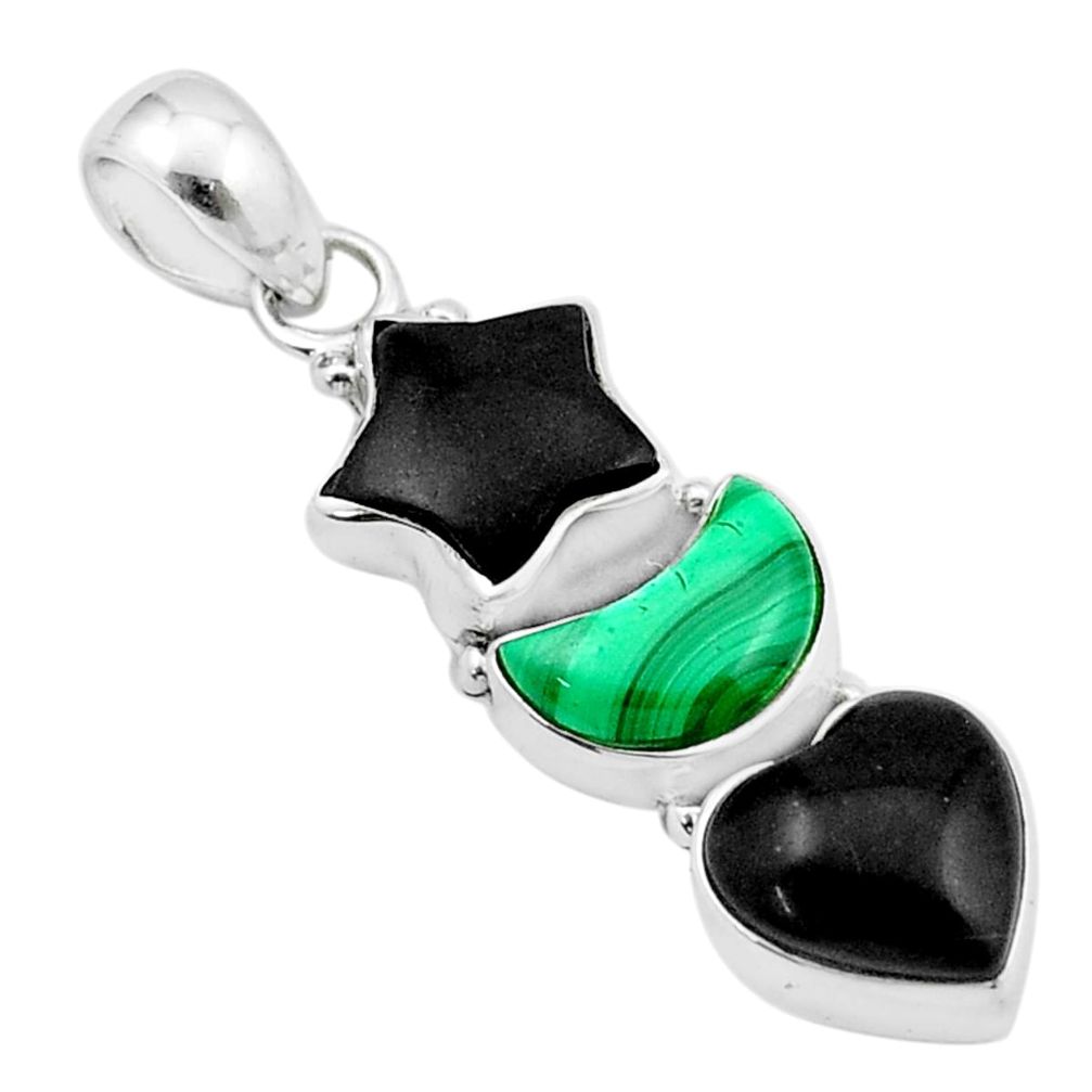 13.24cts moon natural black onyx malachite 925 silver star fish pendant u37599