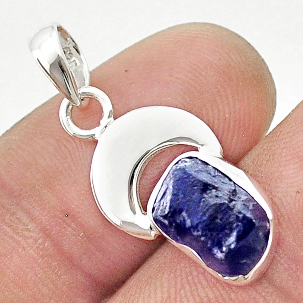 4.31cts moon natural blue sapphire rough 925 sterling silver pendant u42410