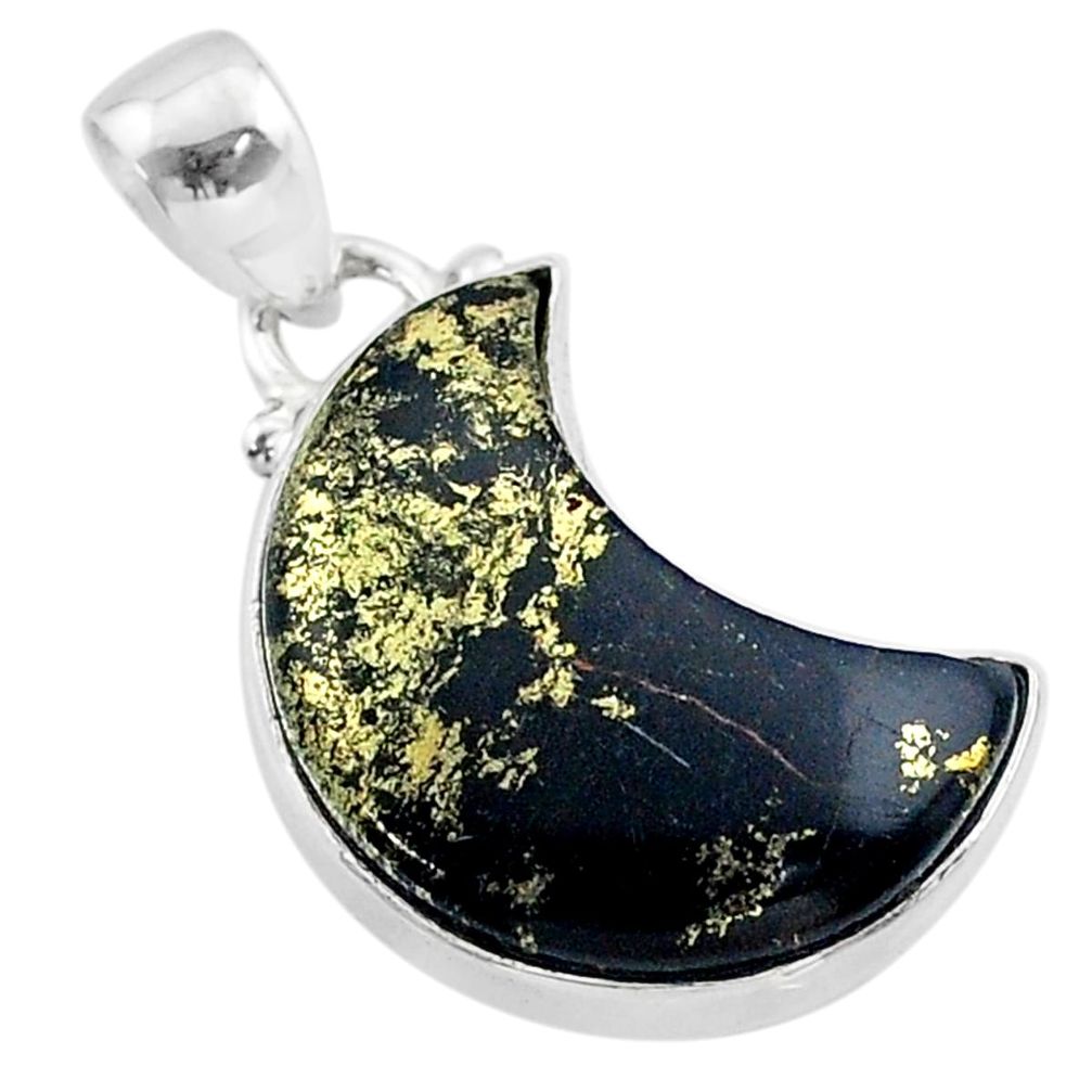 9.86cts moon natural golden pyrite in magnetite 925 silver pendant t45653