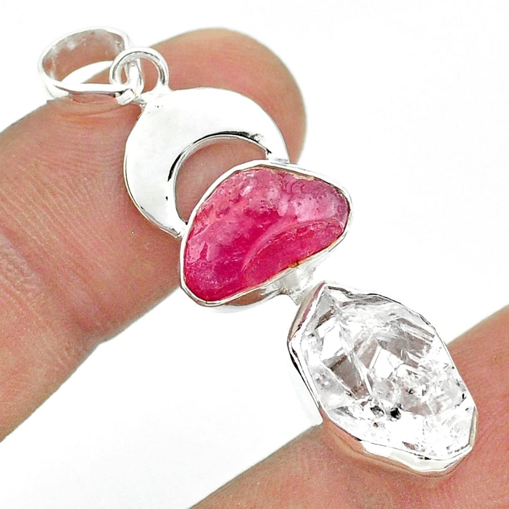 14.40cts moon natural herkimer diamond ruby raw 925 silver pendant t49475
