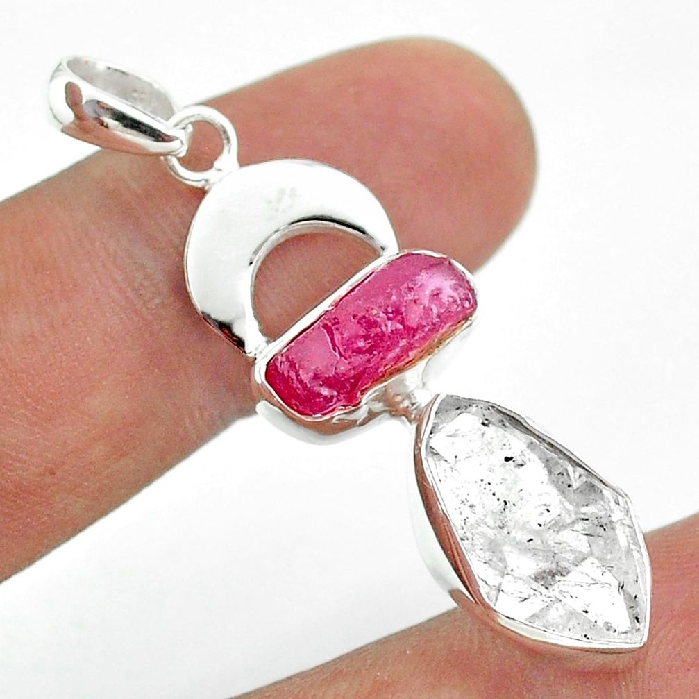 13.55cts moon natural herkimer diamond ruby raw 925 silver pendant t49478