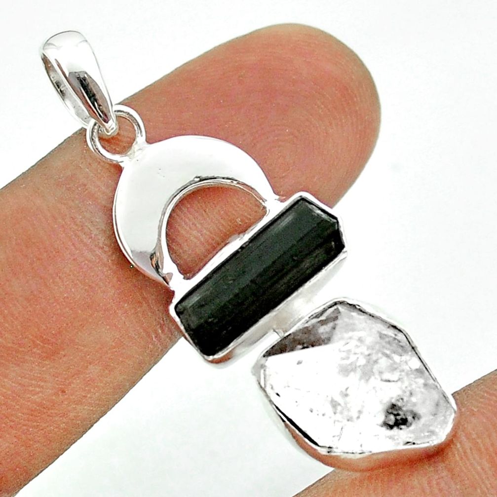 11.57cts moon natural herkimer diamond tourmaline raw silver pendant t49447