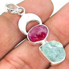 10.31cts moon natural pink ruby rough aquamarine rough 925 silver pendant t69796