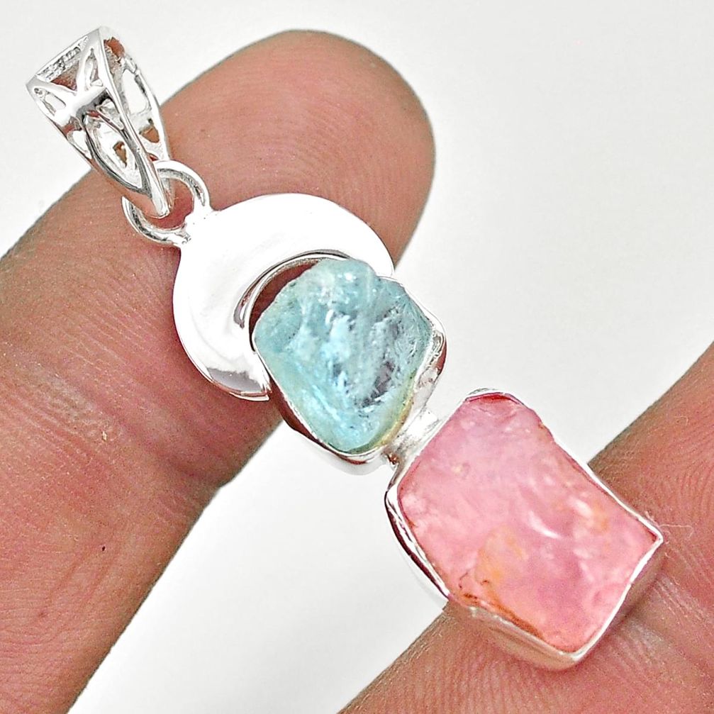 11.23cts moon natural rose quartz aquamarine rough 925 silver pendant t69803