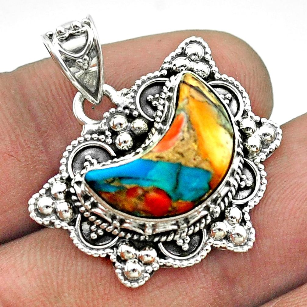 6.03cts moon spiny oyster arizona turquoise 925 sterling silver pendant t56229