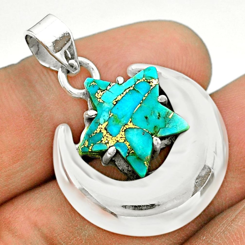 6.83cts moon star blue copper turquoise 925 sterling silver pendant t50488