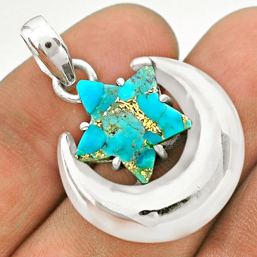 6.80cts moon star blue copper turquoise 925 sterling silver pendant t50489