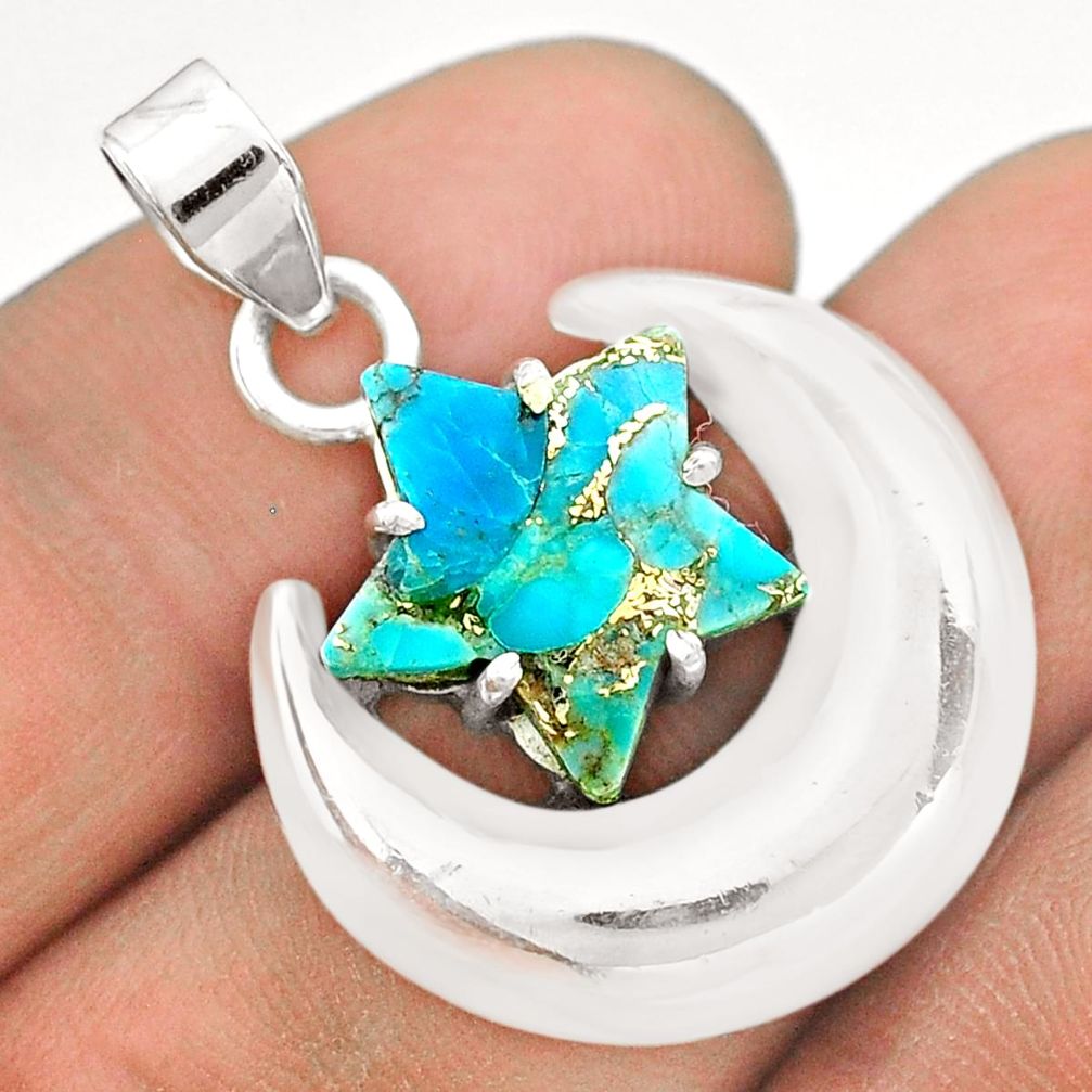 6.56cts moon star blue copper turquoise 925 sterling silver pendant t50491
