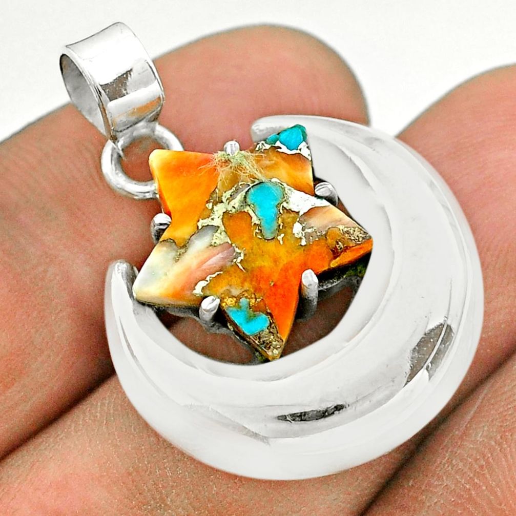 6.56cts moon star spiny oyster arizona turquoise 925 silver pendant t50483