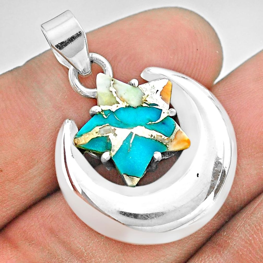 6.49cts moon star spiny oyster arizona turquoise 925 silver pendant t50499