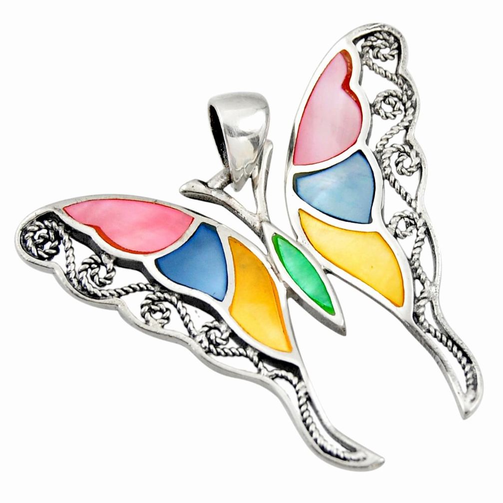 6.48gms multi color blister pearl enamel 925 silver butterfly pendant c26328