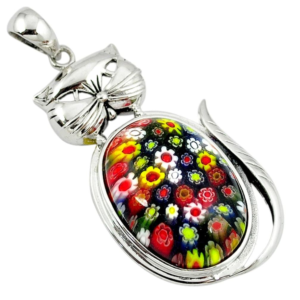 Multi color italian murano glass 925 sterling silver cat pendant c22488