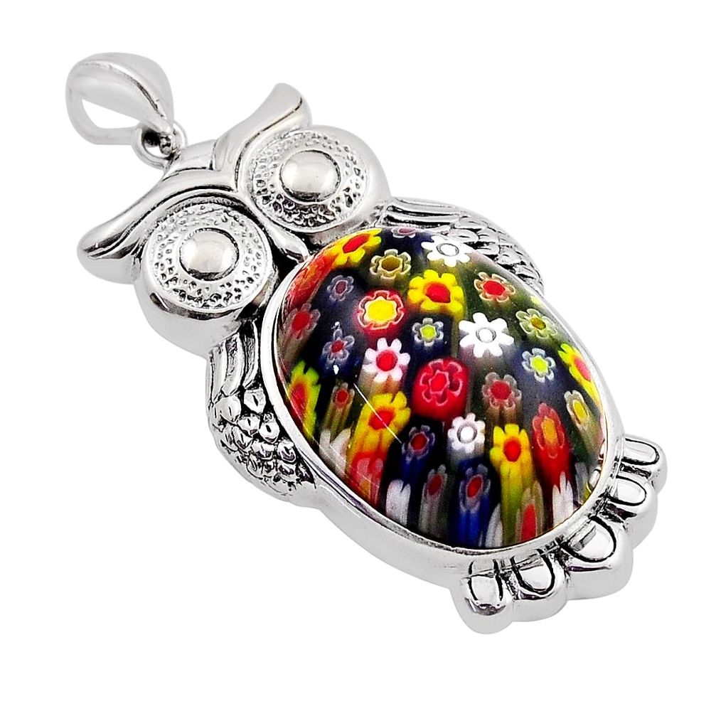 24.89cts multi color italian murano glass 925 sterling silver owl pendant n20113