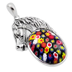 22.72cts multi color italian murano glass oval 925 silver horse pendant n20103