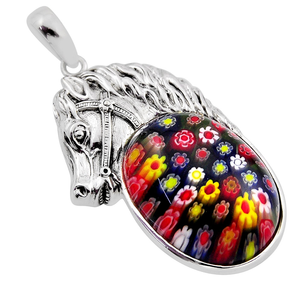 23.87cts multi color italian murano glass oval 925 silver horse pendant n20109