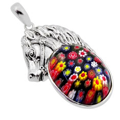23.87cts multi color italian murano glass oval 925 silver horse pendant n20109