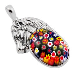 24.89cts multi color italian murano glass oval 925 silver horse pendant n20110