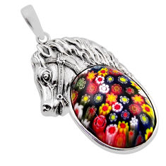 24.34cts multi color italian murano glass oval 925 silver horse pendant n20112
