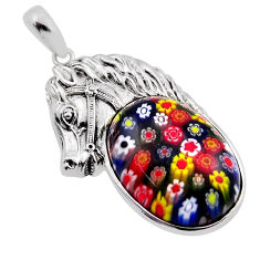 23.17cts multi color italian murano glass oval 925 silver horse pendant n20115