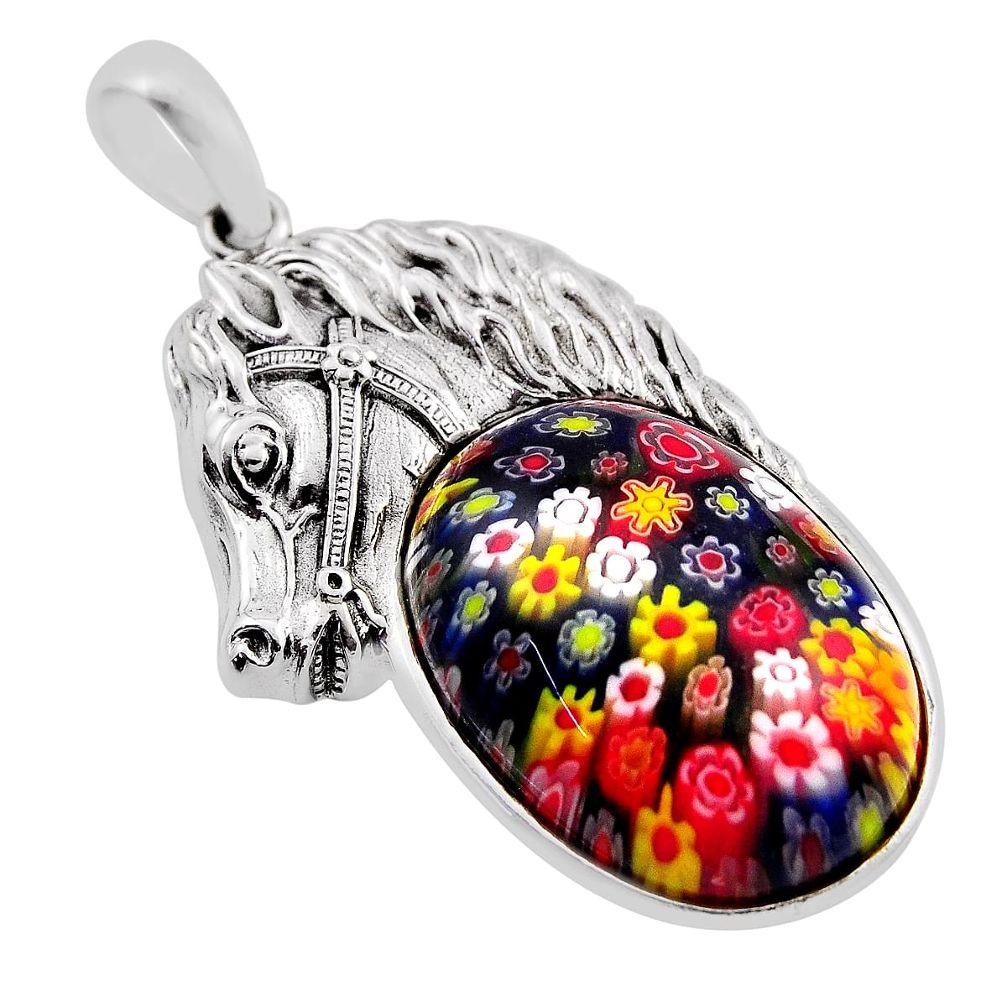 24.62cts multi color italian murano glass oval 925 silver horse pendant n20116