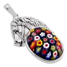 24.45cts multi color italian murano glass oval 925 silver horse pendant n20288