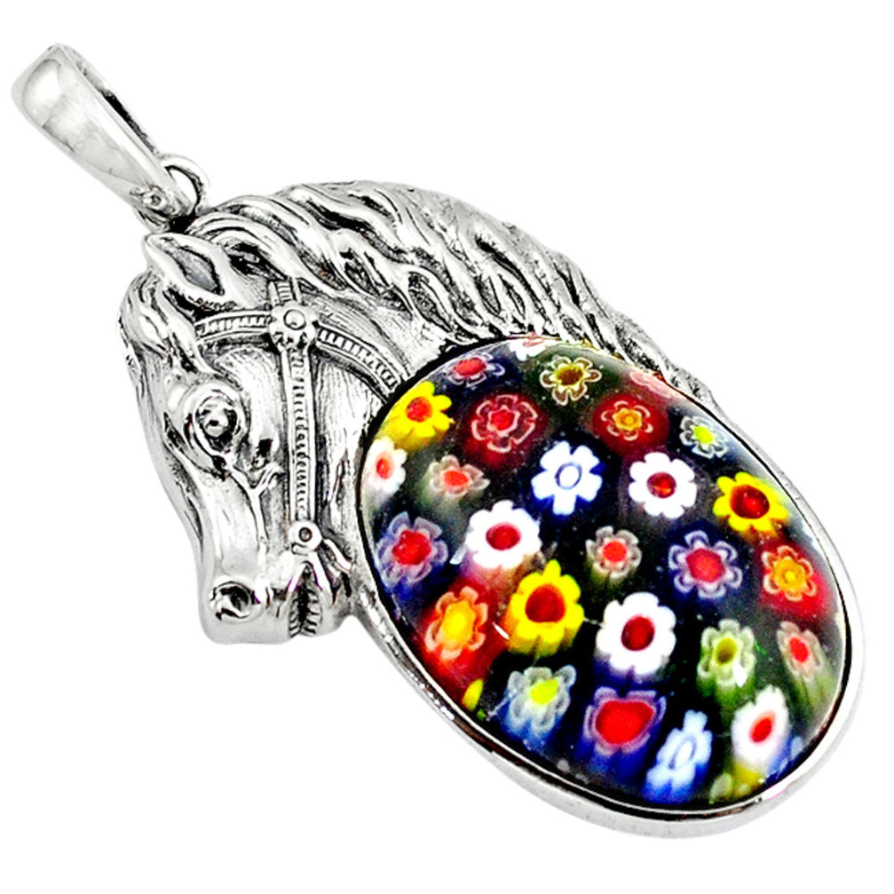 Multi color italian murano glass oval 925 sterling silver horse pendant c22471