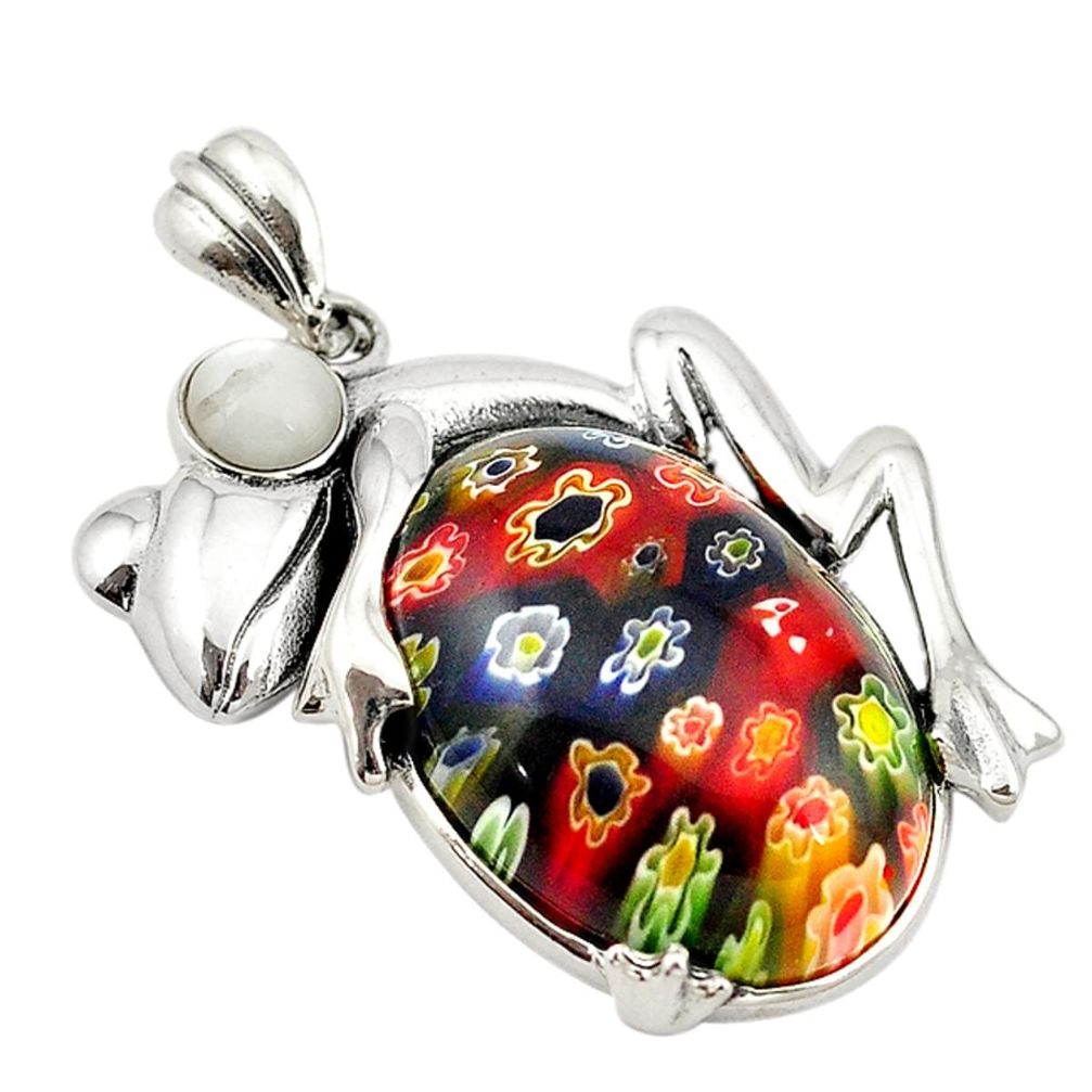 Multi color italian murano glass pearl 925 sterling silver frog pendant c21626