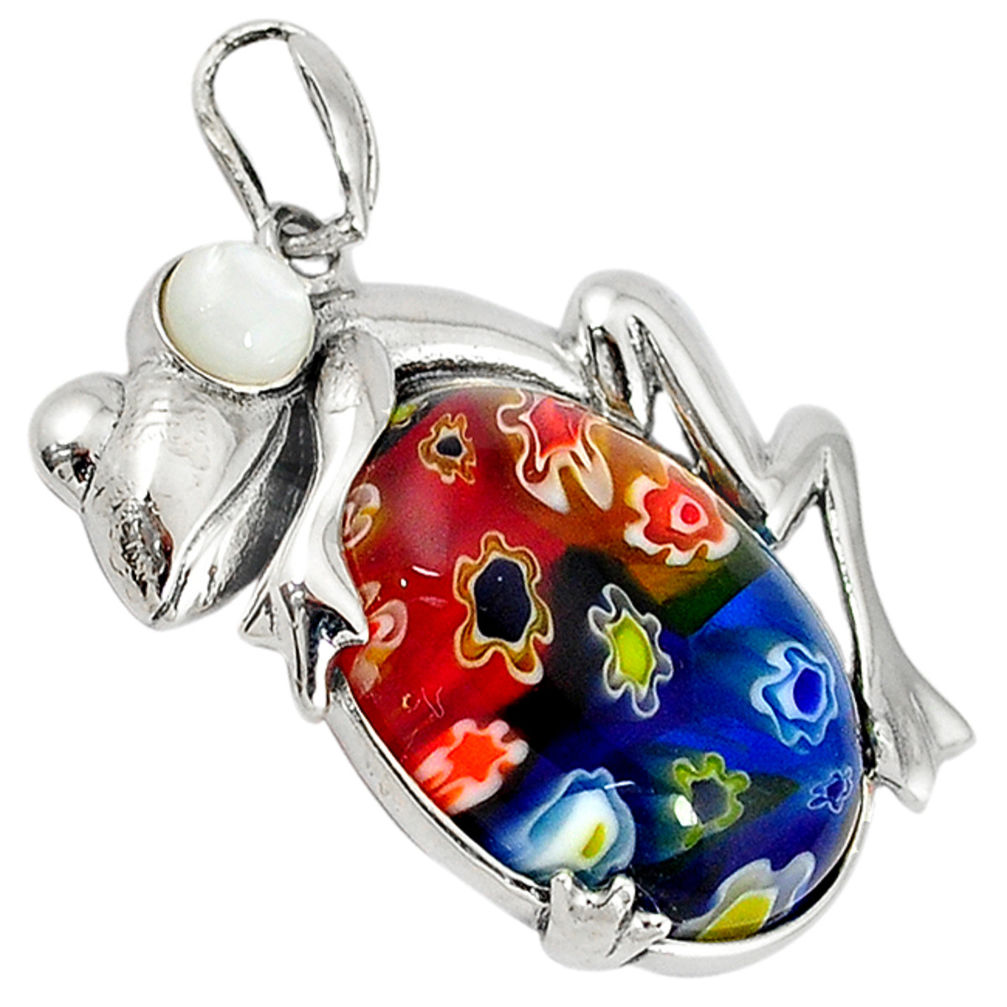 Multi color italian murano glass pearl 925 sterling silver frog pendant c22527