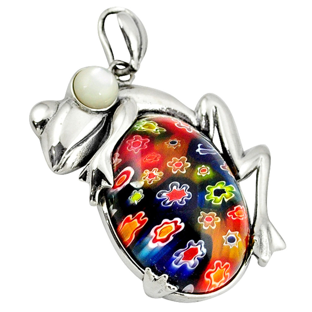 Multi color italian murano glass pearl 925 sterling silver frog pendant c22560