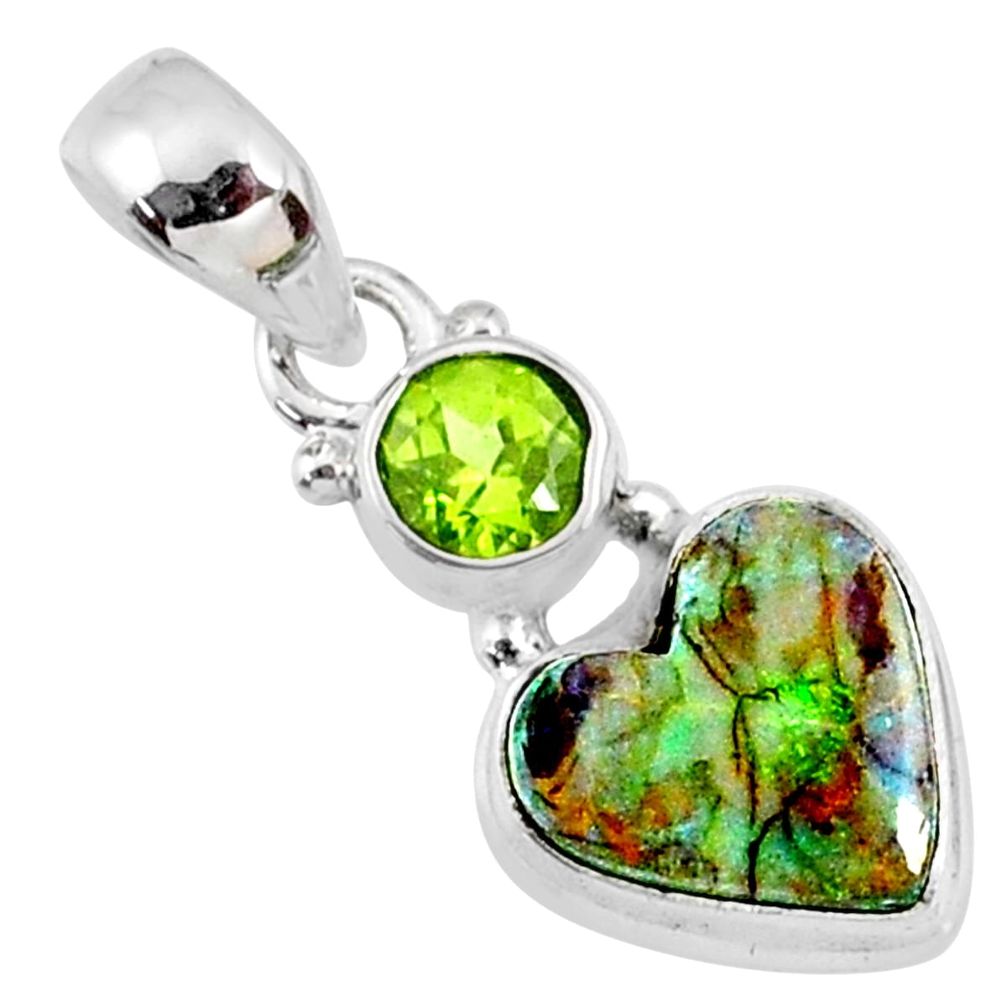 4.58cts multi color sterling opal peridot 925 silver heart pendant r64318