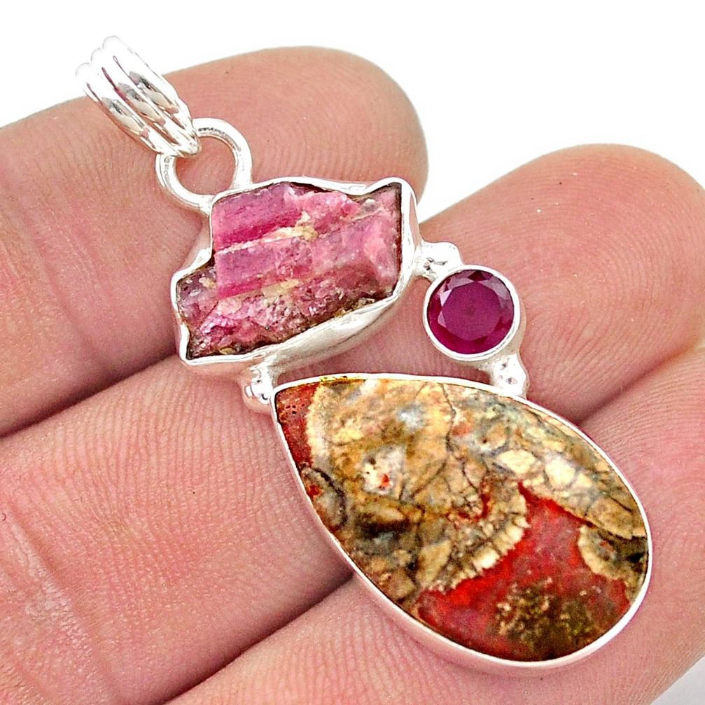 15.82cts mushroom rhyolite tourmaline in quartz ruby 925 silver pendant d48928