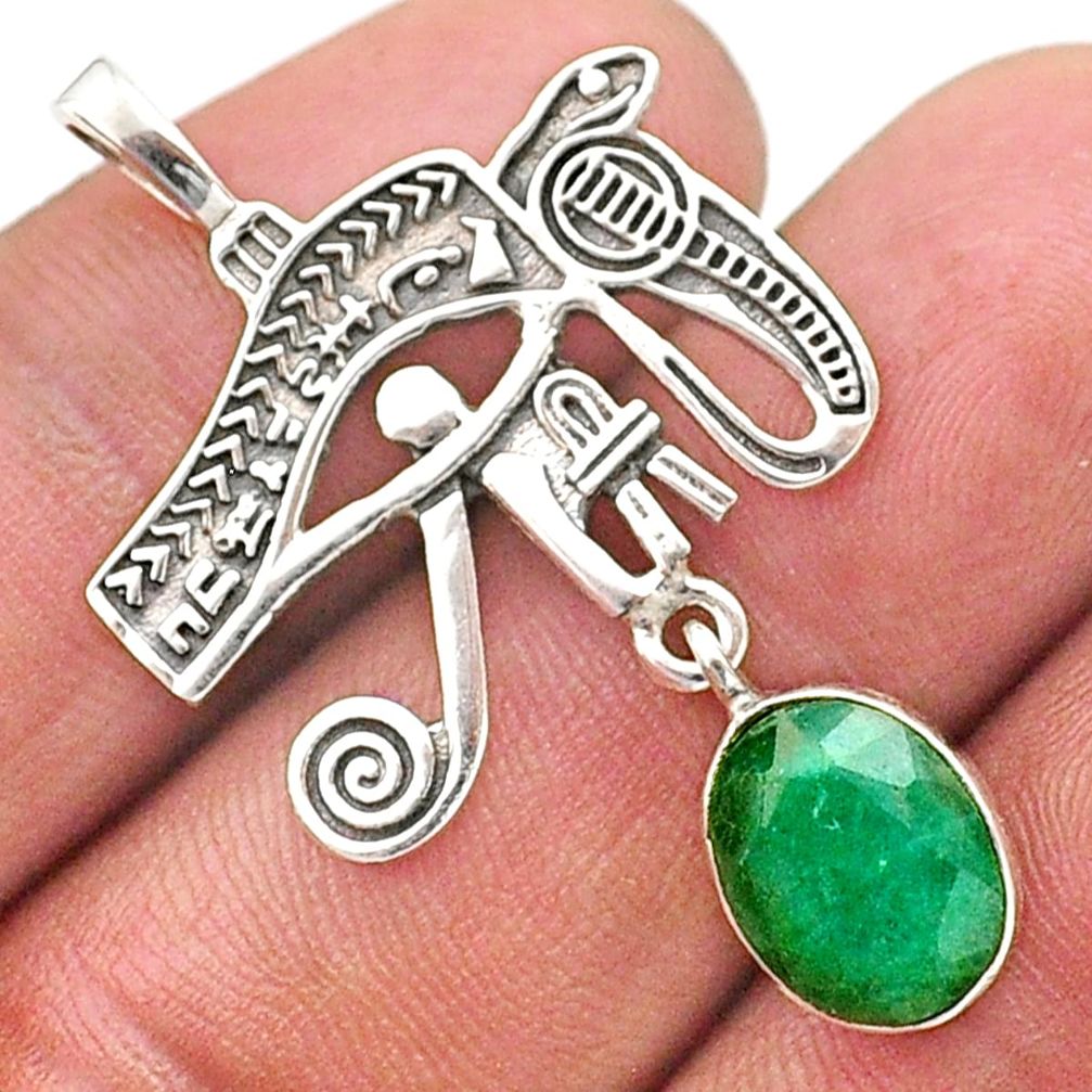 3.89cts southwestern style natural emerald 925 silver horse eye pendant t62022