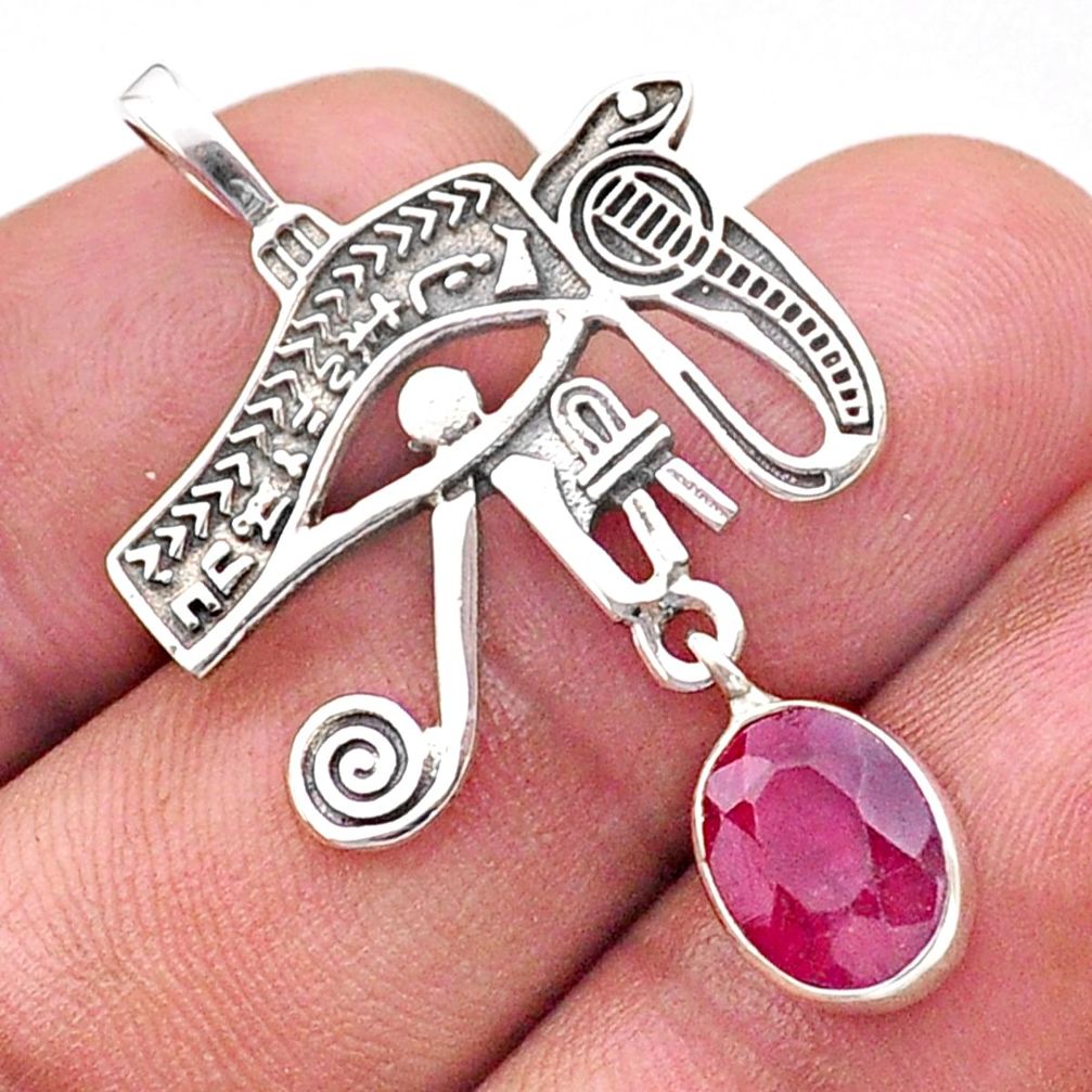 3.13cts southwestern style natural red ruby 925 silver horse eye pendant t62030