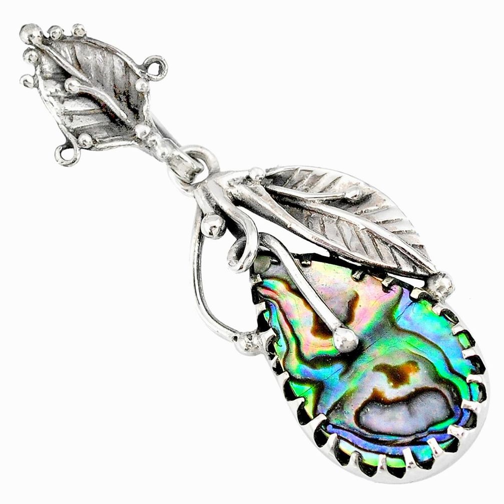 15.16cts natural abalone paua seashell 925 silver deltoid leaf pendant r77868